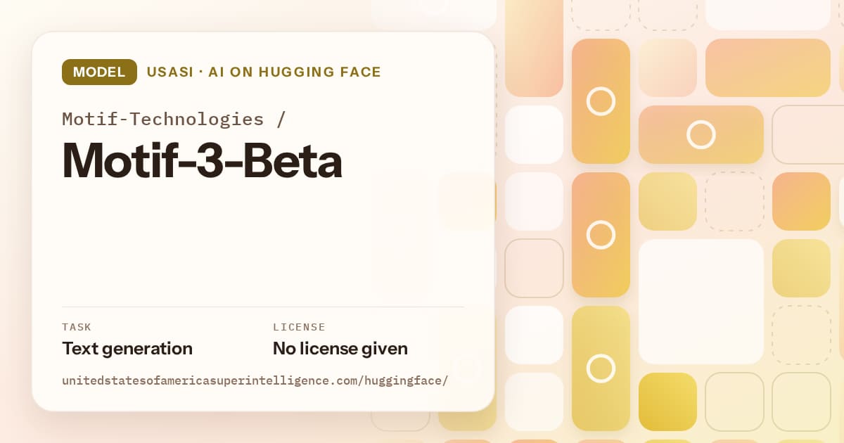 Generated gold tile-mosaic artwork for the model Motif-Technologies/Motif-3-Beta, labeled USASI · AI on Hugging Face, with Task: Text generation · License: No license given.