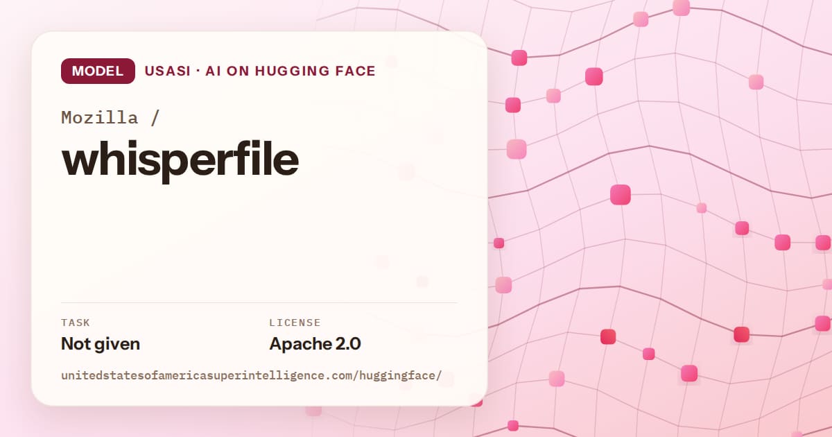 Generated rose wave-lattice artwork for the model Mozilla/whisperfile, labeled USASI · AI on Hugging Face, with Task: Not given · License: Apache 2.0.