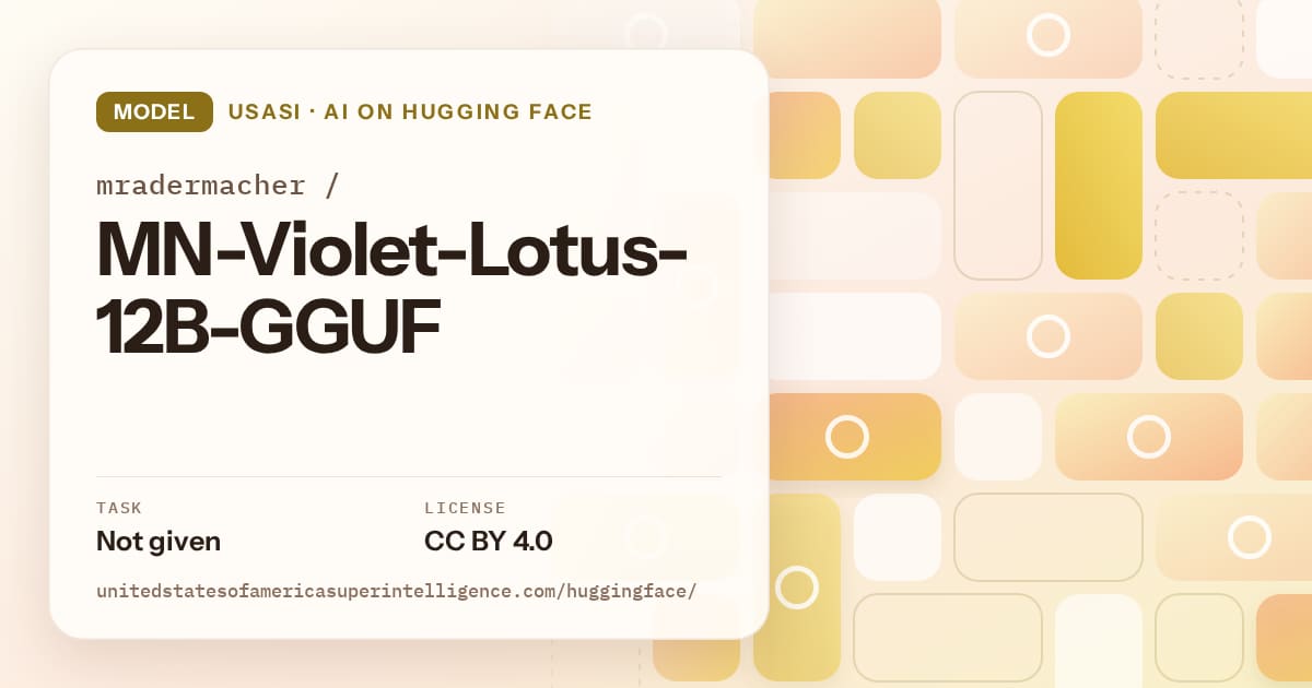 Generated gold tile-mosaic artwork for the model mradermacher/MN-Violet-Lotus-12B-GGUF, labeled USASI · AI on Hugging Face, with Task: Not given · License: CC BY 4.0.
