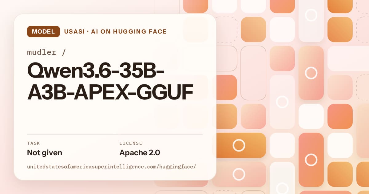 Generated orange tile-mosaic artwork for the model mudler/Qwen3.6-35B-A3B-APEX-GGUF, labeled USASI · AI on Hugging Face, with Task: Not given · License: Apache 2.0.