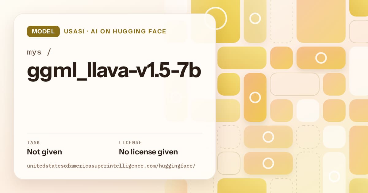 Generated gold tile-mosaic artwork for the model mys/ggml_llava-v1.5-7b, labeled USASI · AI on Hugging Face, with Task: Not given · License: No license given.