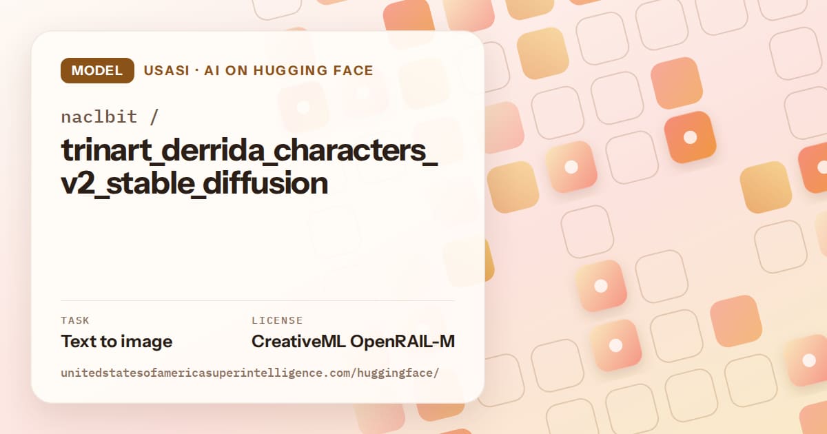 Generated orange rounded-tile grid artwork for the model naclbit/trinart_derrida_characters_v2_stable_diffusion, labeled USASI · AI on Hugging Face, with Task: Text to image · License: CreativeML OpenRAIL-M.