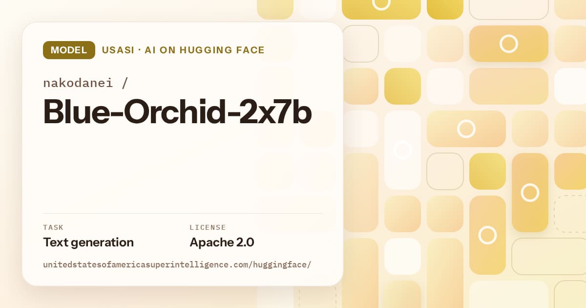 Generated gold tile-mosaic artwork for the model nakodanei/Blue-Orchid-2x7b, labeled USASI · AI on Hugging Face, with Task: Text generation · License: Apache 2.0.