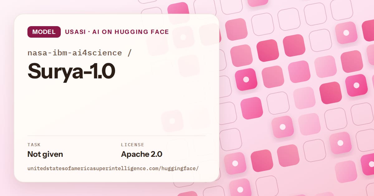 Generated rose rounded-tile grid artwork for the model nasa-ibm-ai4science/Surya-1.0, labeled USASI · AI on Hugging Face, with Task: Not given · License: Apache 2.0.