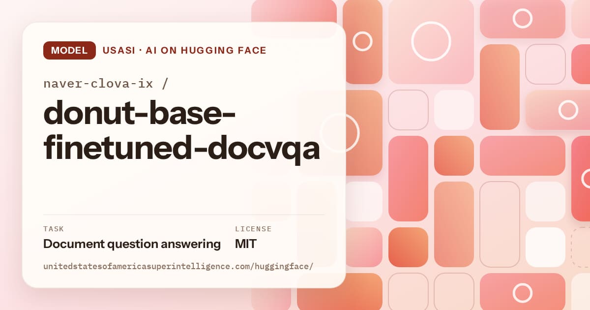 Generated coral tile-mosaic artwork for the model naver-clova-ix/donut-base-finetuned-docvqa, labeled USASI · AI on Hugging Face, with Task: Document question answering · License: MIT.