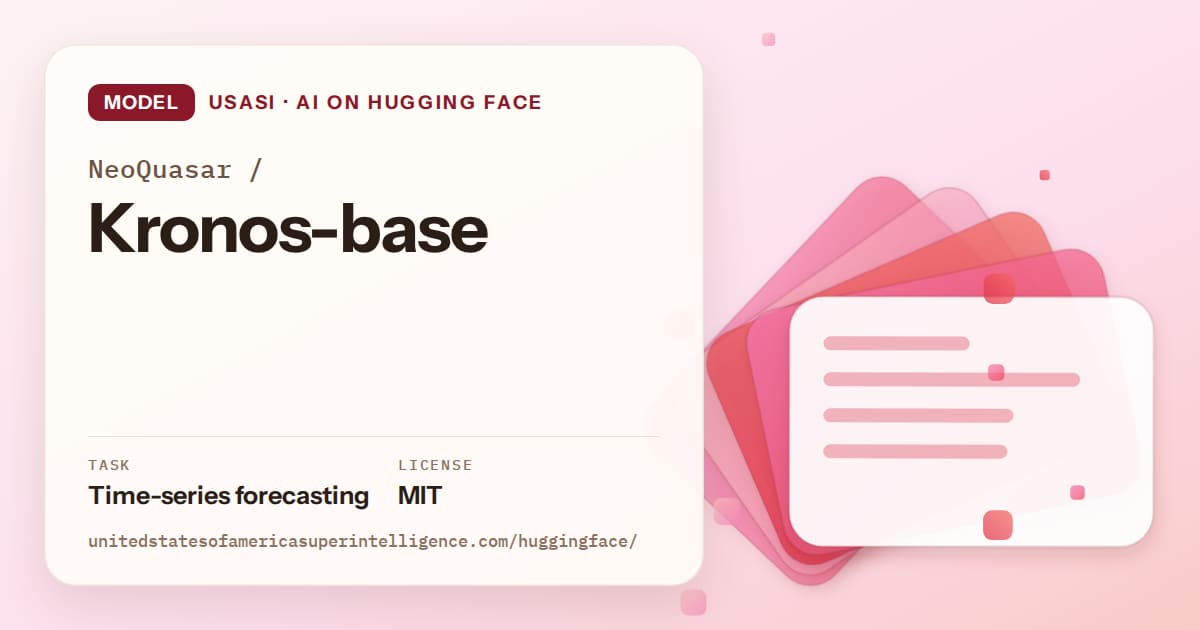 Generated coral layered-card artwork for the model NeoQuasar/Kronos-base, labeled USASI · AI on Hugging Face, with Task: Time-series forecasting · License: MIT.