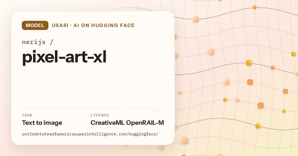 Generated amber wave-lattice artwork for the model nerijs/pixel-art-xl, labeled USASI · AI on Hugging Face, with Task: Text to image · License: CreativeML OpenRAIL-M.