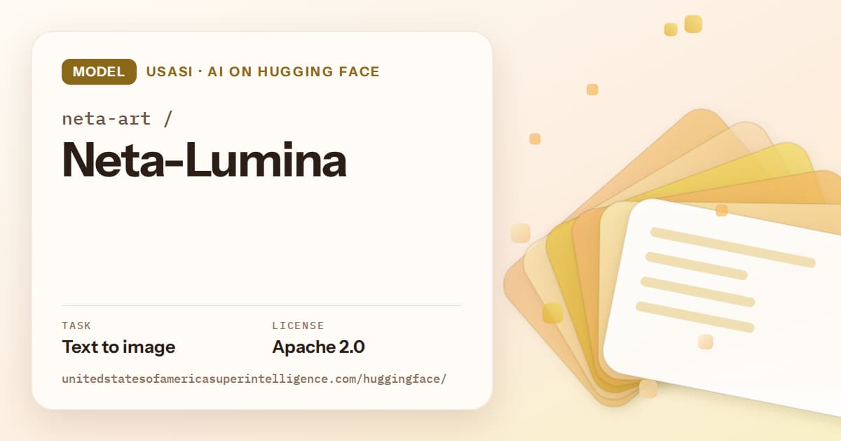Generated amber layered-card artwork for the model neta-art/Neta-Lumina, labeled USASI · AI on Hugging Face, with Task: Text to image · License: Apache 2.0.