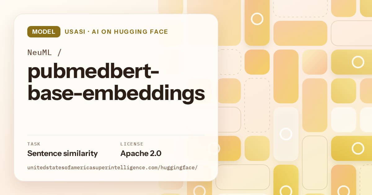 Generated gold tile-mosaic artwork for the model NeuML/pubmedbert-base-embeddings, labeled USASI · AI on Hugging Face, with Task: Sentence similarity · License: Apache 2.0.