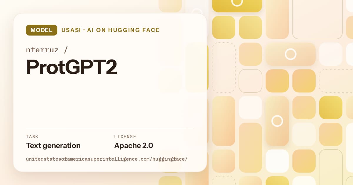 Generated gold tile-mosaic artwork for the model nferruz/ProtGPT2, labeled USASI · AI on Hugging Face, with Task: Text generation · License: Apache 2.0.