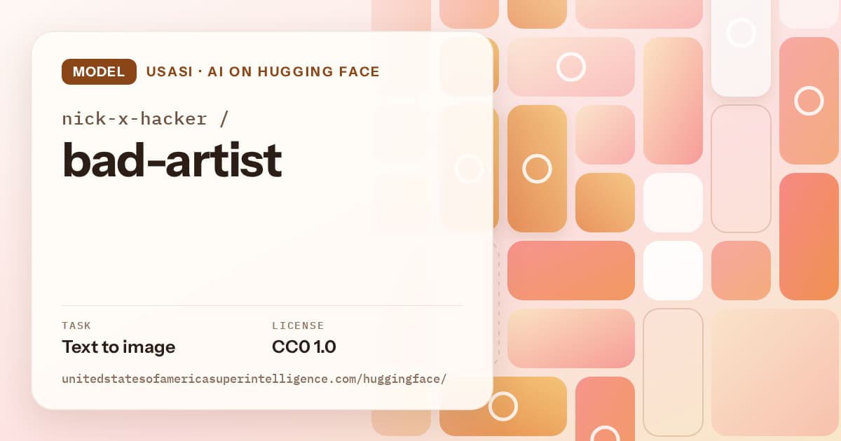 Generated orange tile-mosaic artwork for the model nick-x-hacker/bad-artist, labeled USASI · AI on Hugging Face, with Task: Text to image · License: CC0 1.0.