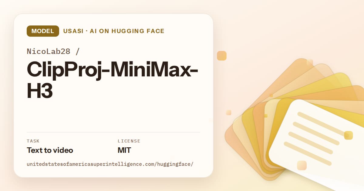 Generated amber layered-card artwork for the model NicoLab28/ClipProj-MiniMax-H3, labeled USASI · AI on Hugging Face, with Task: Text to video · License: MIT.