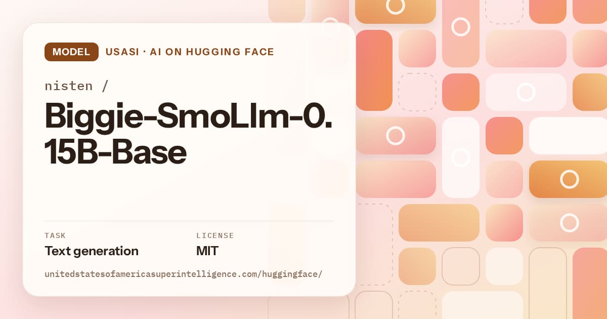 Generated orange tile-mosaic artwork for the model nisten/Biggie-SmoLlm-0.15B-Base, labeled USASI · AI on Hugging Face, with Task: Text generation · License: MIT.