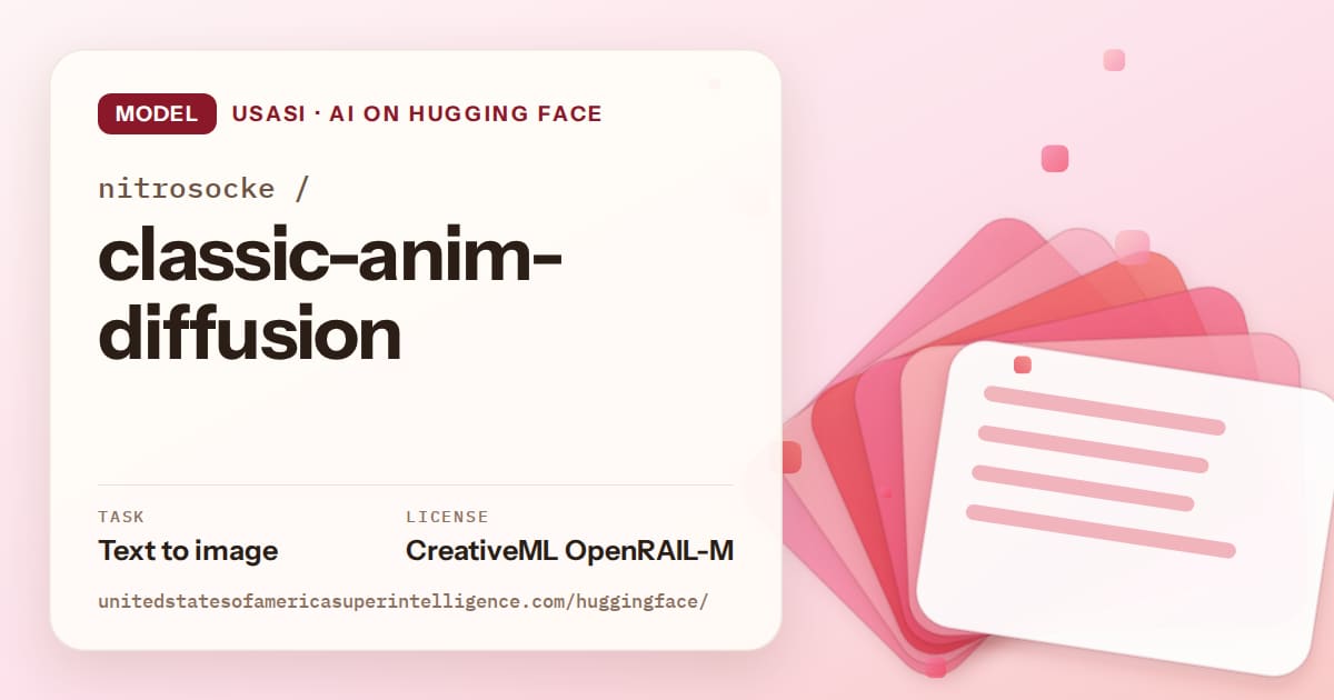 Generated coral layered-card artwork for the model nitrosocke/classic-anim-diffusion, labeled USASI · AI on Hugging Face, with Task: Text to image · License: CreativeML OpenRAIL-M.
