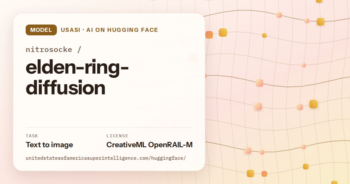 Generated amber wave-lattice artwork for the model nitrosocke/elden-ring-diffusion, labeled USASI · AI on Hugging Face, with Task: Text to image · License: CreativeML OpenRAIL-M.