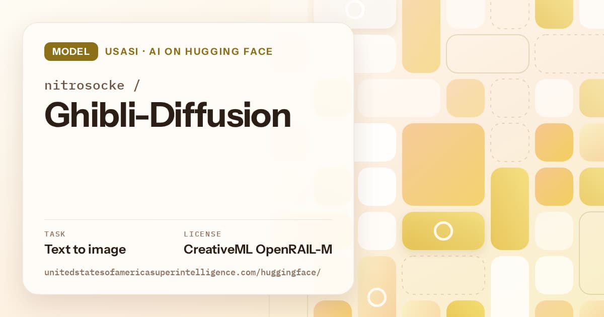 Generated gold tile-mosaic artwork for the model nitrosocke/Ghibli-Diffusion, labeled USASI · AI on Hugging Face, with Task: Text to image · License: CreativeML OpenRAIL-M.