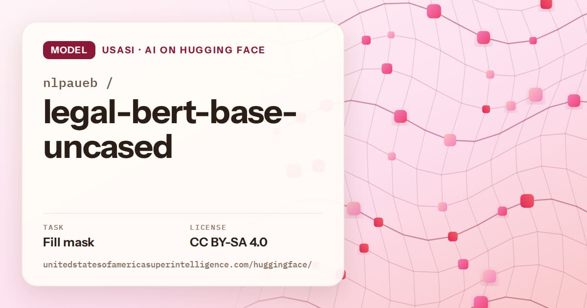 Generated rose wave-lattice artwork for the model nlpaueb/legal-bert-base-uncased, labeled USASI · AI on Hugging Face, with Task: Fill mask · License: CC BY-SA 4.0.