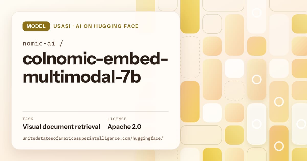 Generated gold tile-mosaic artwork for the model nomic-ai/colnomic-embed-multimodal-7b, labeled USASI · AI on Hugging Face, with Task: Visual document retrieval · License: Apache 2.0.