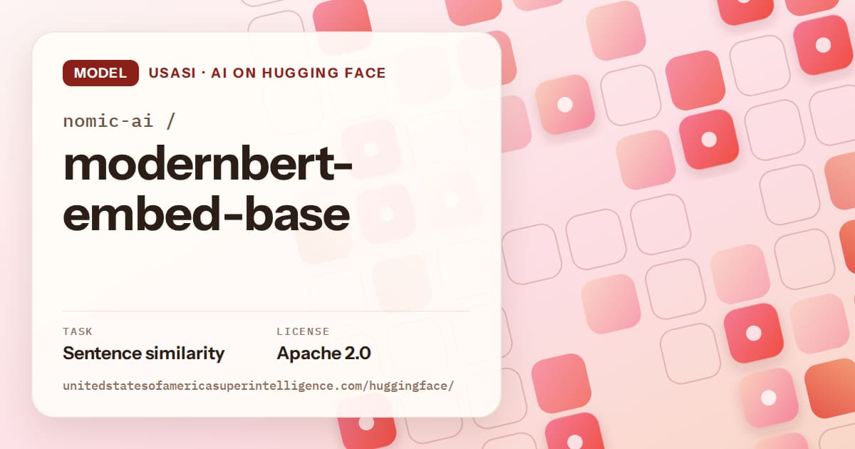 Generated coral rounded-tile grid artwork for the model nomic-ai/modernbert-embed-base, labeled USASI · AI on Hugging Face, with Task: Sentence similarity · License: Apache 2.0.
