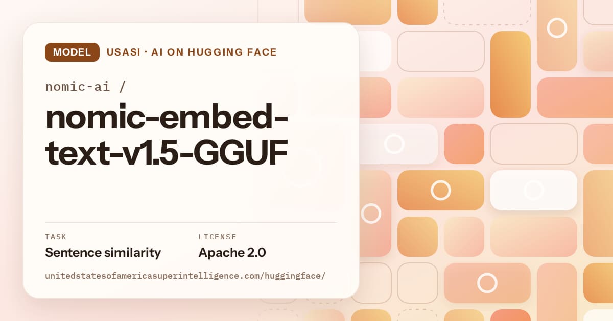 Generated orange tile-mosaic artwork for the model nomic-ai/nomic-embed-text-v1.5-GGUF, labeled USASI · AI on Hugging Face, with Task: Sentence similarity · License: Apache 2.0.