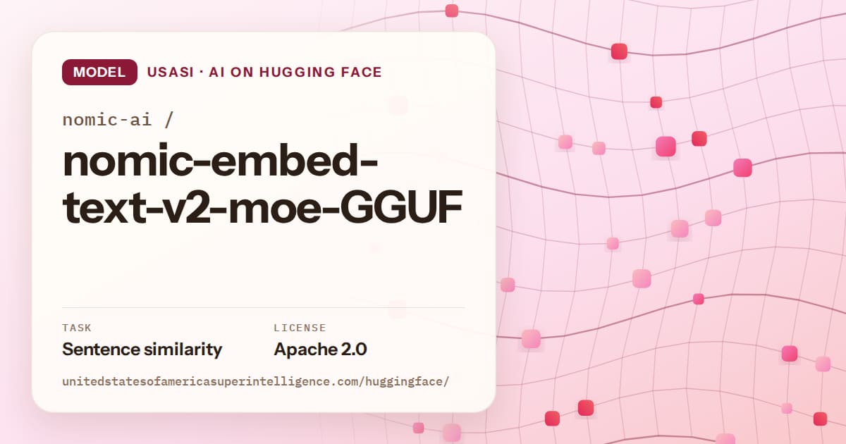 Generated rose wave-lattice artwork for the model nomic-ai/nomic-embed-text-v2-moe-GGUF, labeled USASI · AI on Hugging Face, with Task: Sentence similarity · License: Apache 2.0.