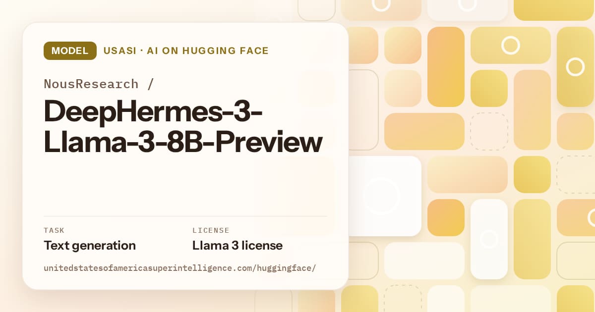 Generated gold tile-mosaic artwork for the model NousResearch/DeepHermes-3-Llama-3-8B-Preview, labeled USASI · AI on Hugging Face, with Task: Text generation · License: Llama 3 license.