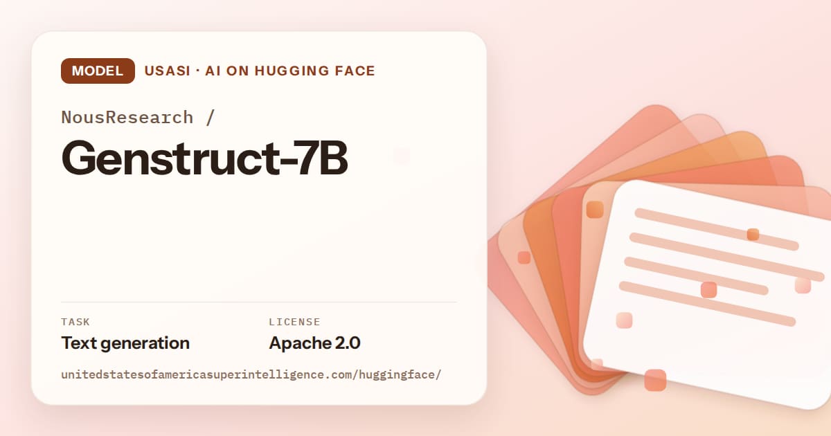 Generated tangerine layered-card artwork for the model NousResearch/Genstruct-7B, labeled USASI · AI on Hugging Face, with Task: Text generation · License: Apache 2.0.