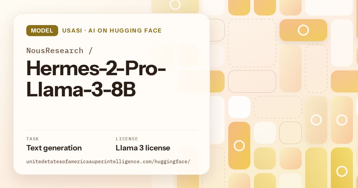 Generated gold tile-mosaic artwork for the model NousResearch/Hermes-2-Pro-Llama-3-8B, labeled USASI · AI on Hugging Face, with Task: Text generation · License: Llama 3 license.