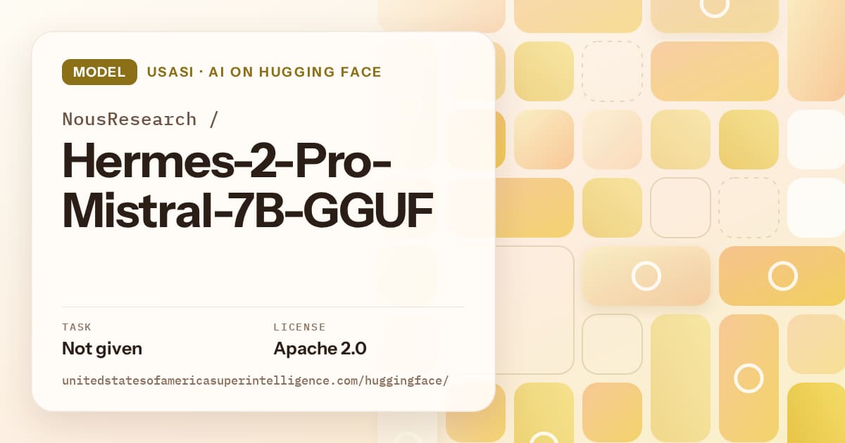 Generated gold tile-mosaic artwork for the model NousResearch/Hermes-2-Pro-Mistral-7B-GGUF, labeled USASI · AI on Hugging Face, with Task: Not given · License: Apache 2.0.