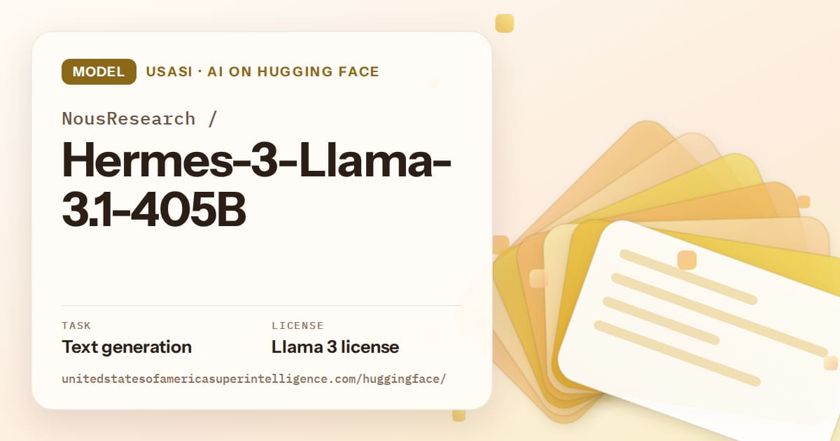 Generated amber layered-card artwork for the model NousResearch/Hermes-3-Llama-3.1-405B, labeled USASI · AI on Hugging Face, with Task: Text generation · License: Llama 3 license.