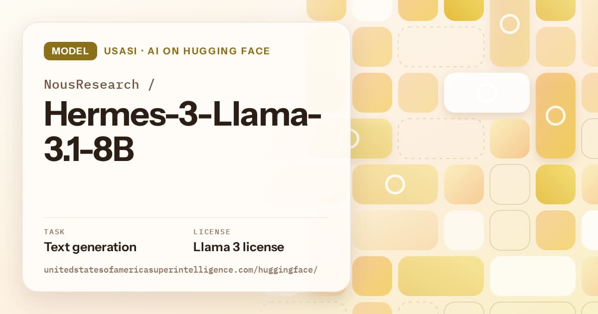Generated gold tile-mosaic artwork for the model NousResearch/Hermes-3-Llama-3.1-8B, labeled USASI · AI on Hugging Face, with Task: Text generation · License: Llama 3 license.