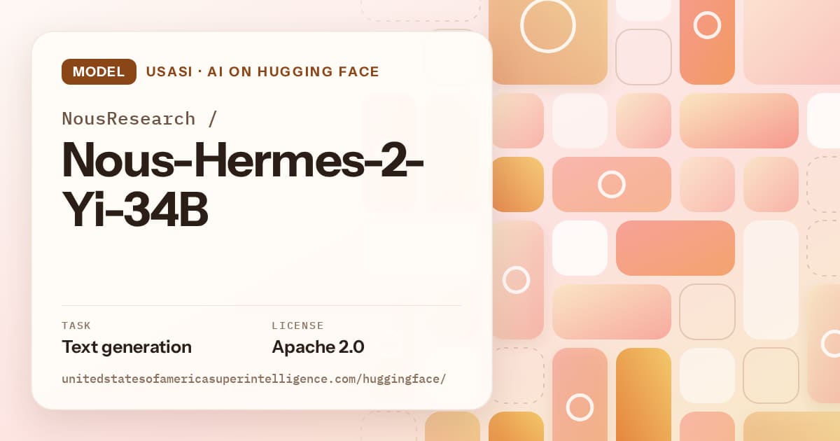 Generated orange tile-mosaic artwork for the model NousResearch/Nous-Hermes-2-Yi-34B, labeled USASI · AI on Hugging Face, with Task: Text generation · License: Apache 2.0.