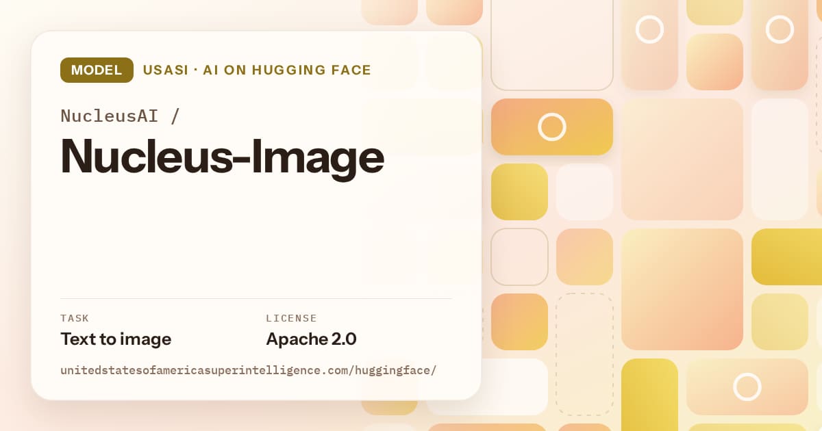 Generated gold tile-mosaic artwork for the model NucleusAI/Nucleus-Image, labeled USASI · AI on Hugging Face, with Task: Text to image · License: Apache 2.0.