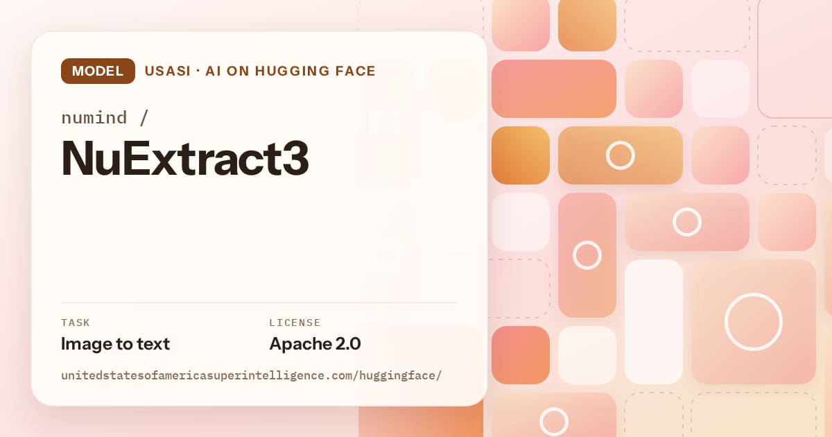 Generated orange tile-mosaic artwork for the model numind/NuExtract3, labeled USASI · AI on Hugging Face, with Task: Image to text · License: Apache 2.0.