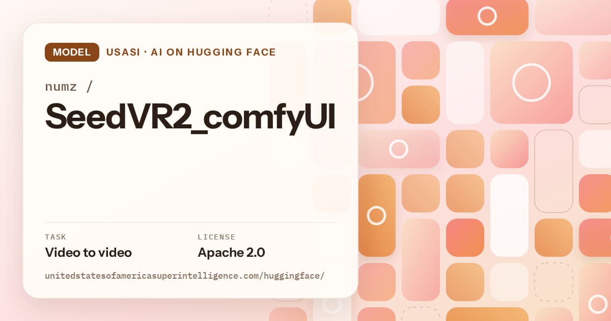 Generated orange tile-mosaic artwork for the model numz/SeedVR2_comfyUI, labeled USASI · AI on Hugging Face, with Task: Video to video · License: Apache 2.0.