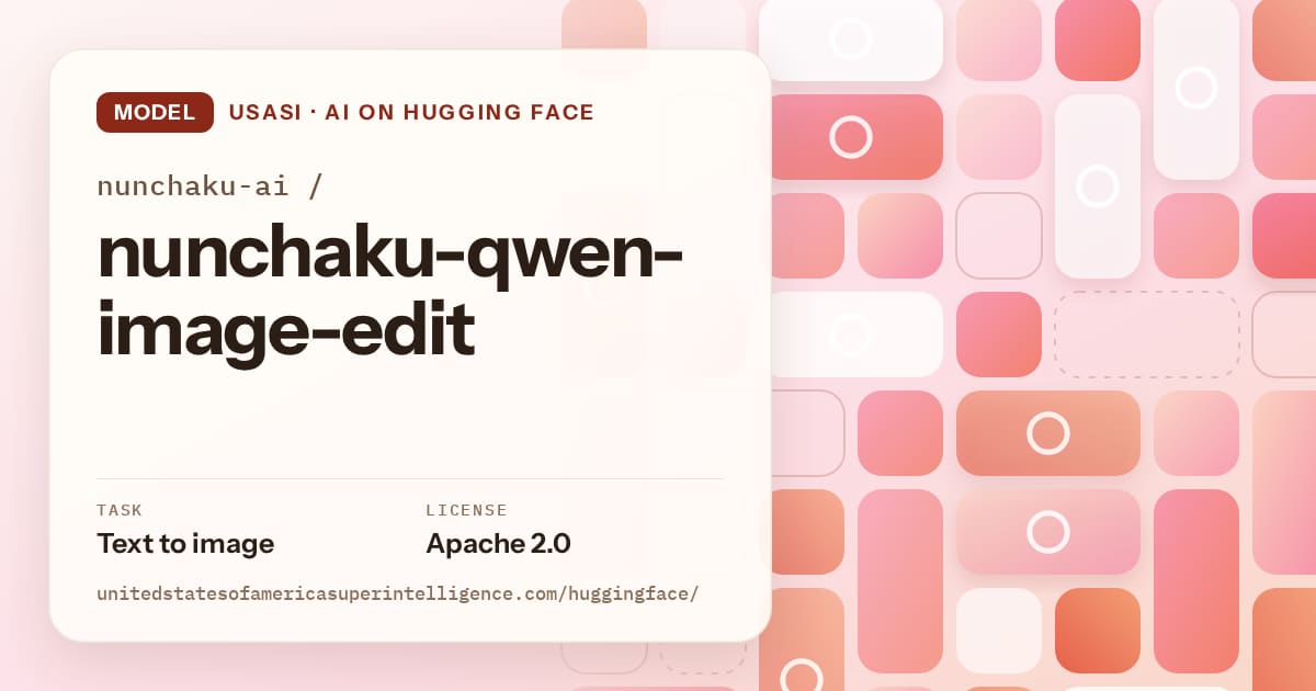 Generated coral tile-mosaic artwork for the model nunchaku-ai/nunchaku-qwen-image-edit, labeled USASI · AI on Hugging Face, with Task: Text to image · License: Apache 2.0.