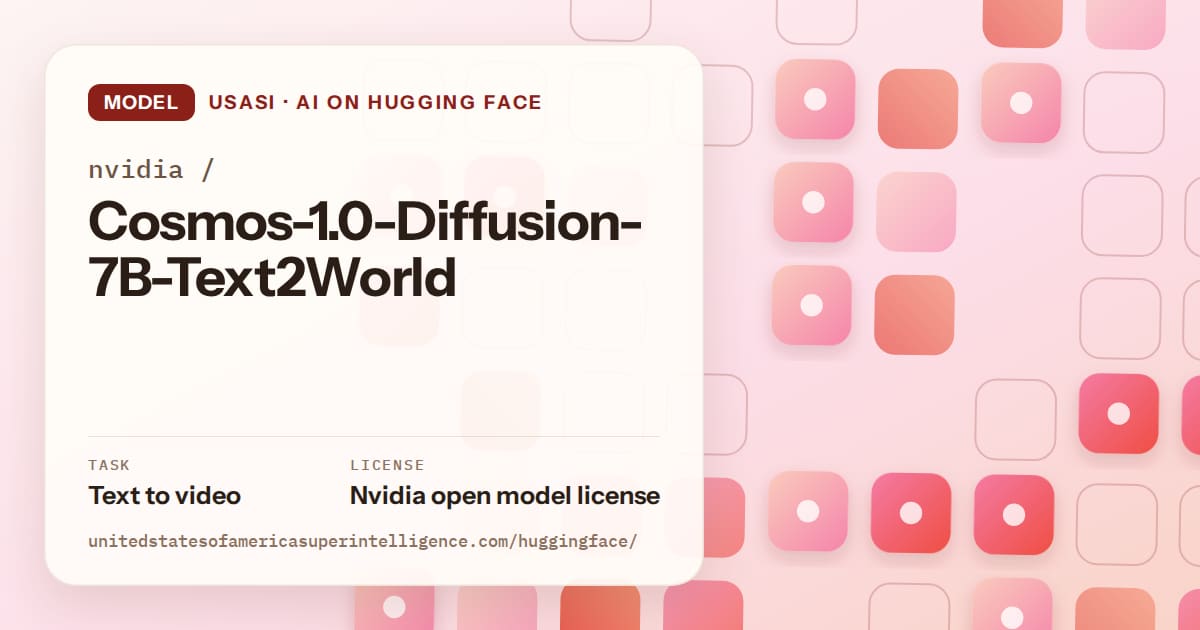 Generated coral rounded-tile grid artwork for the model nvidia/Cosmos-1.0-Diffusion-7B-Text2World, labeled USASI · AI on Hugging Face, with Task: Text to video · License: Nvidia open model license.