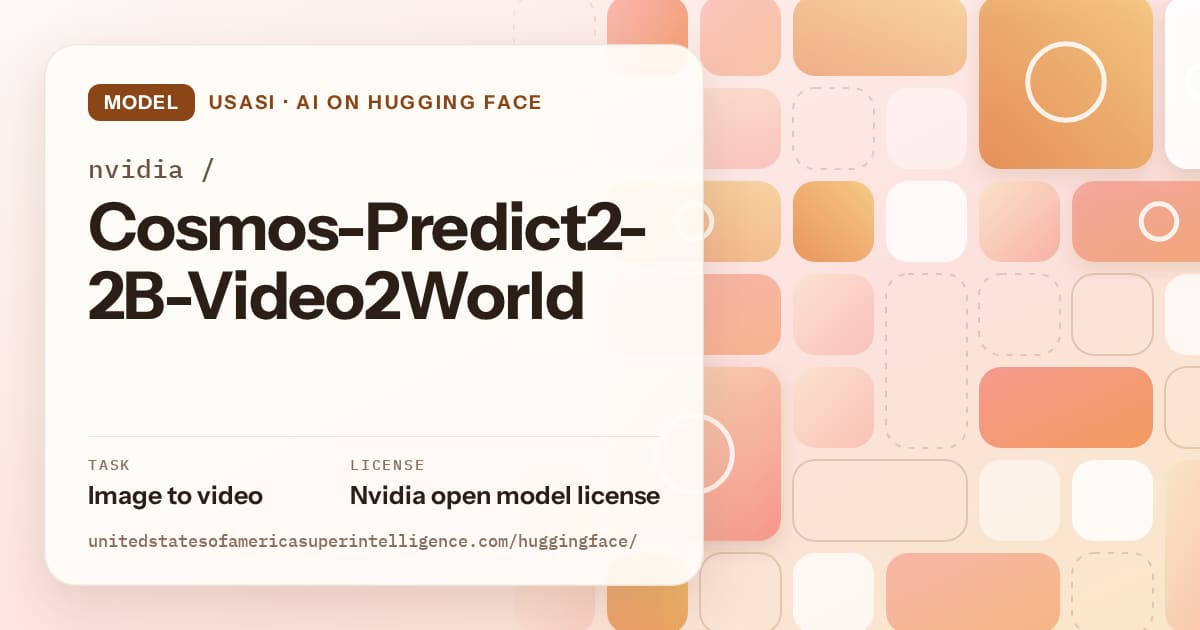 Generated orange tile-mosaic artwork for the model nvidia/Cosmos-Predict2-2B-Video2World, labeled USASI · AI on Hugging Face, with Task: Image to video · License: Nvidia open model license.