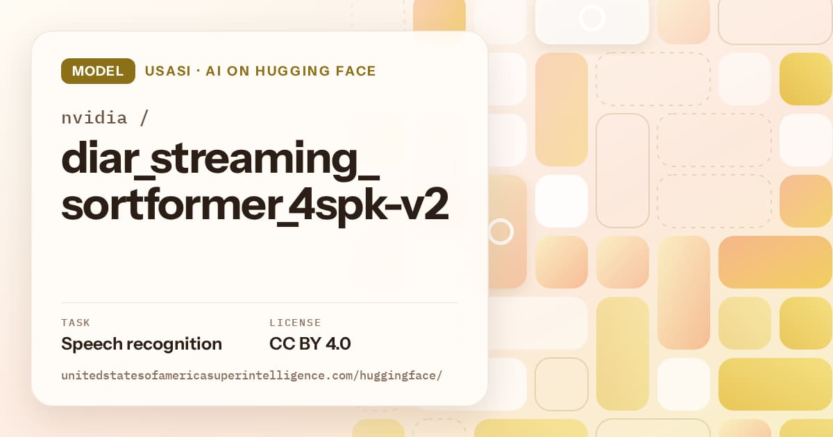 Generated gold tile-mosaic artwork for the model nvidia/diar_streaming_sortformer_4spk-v2, labeled USASI · AI on Hugging Face, with Task: Speech recognition · License: CC BY 4.0.