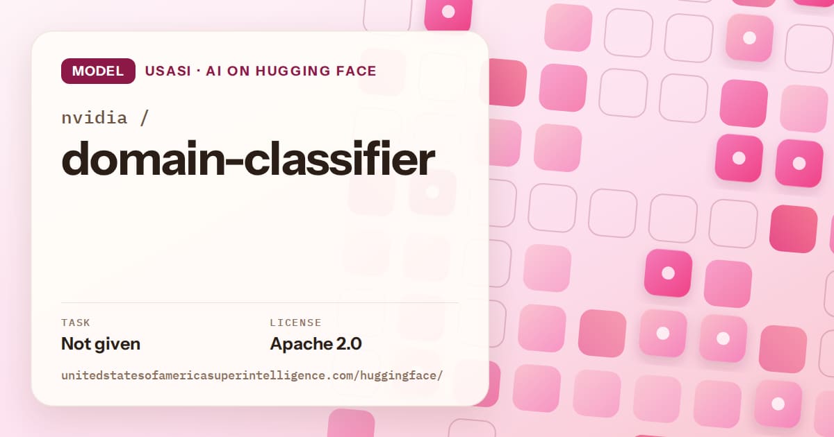 Generated rose rounded-tile grid artwork for the model nvidia/domain-classifier, labeled USASI · AI on Hugging Face, with Task: Not given · License: Apache 2.0.