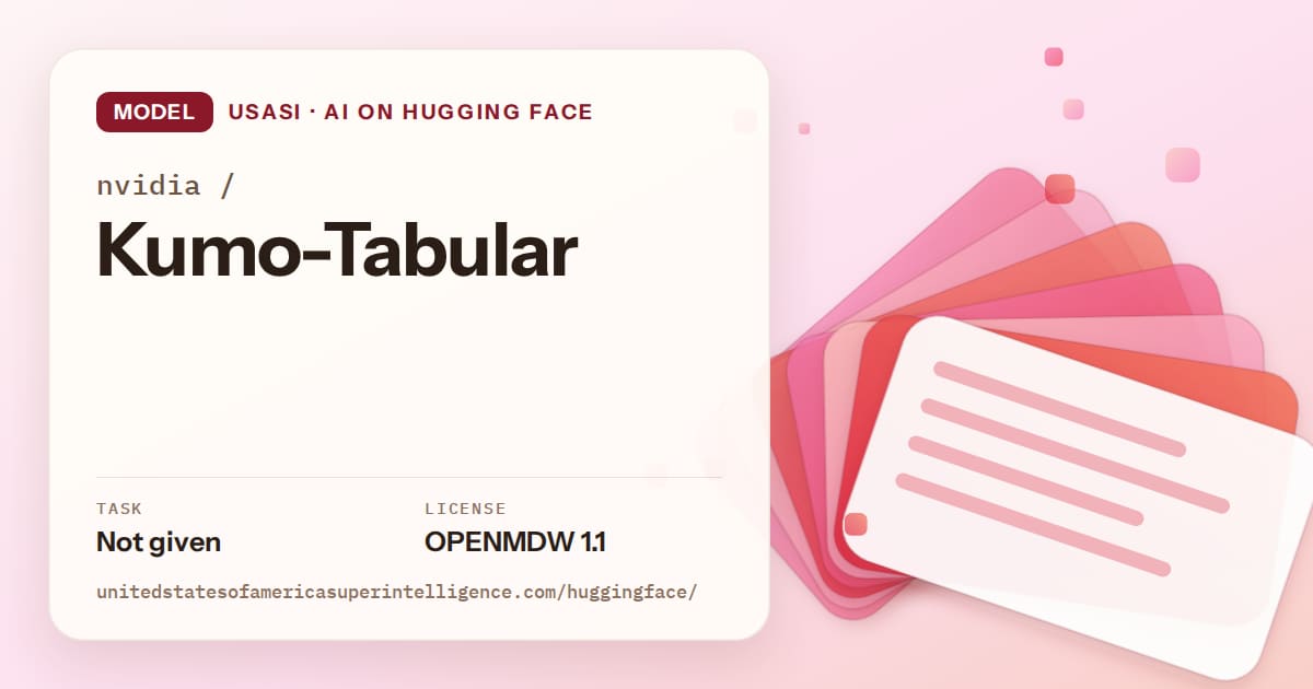 Generated coral layered-card artwork for the model nvidia/Kumo-Tabular, labeled USASI · AI on Hugging Face, with Task: Not given · License: OPENMDW 1.1.