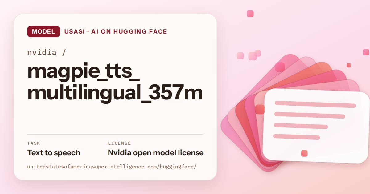 Generated coral layered-card artwork for the model nvidia/magpie_tts_multilingual_357m, labeled USASI · AI on Hugging Face, with Task: Text to speech · License: Nvidia open model license.