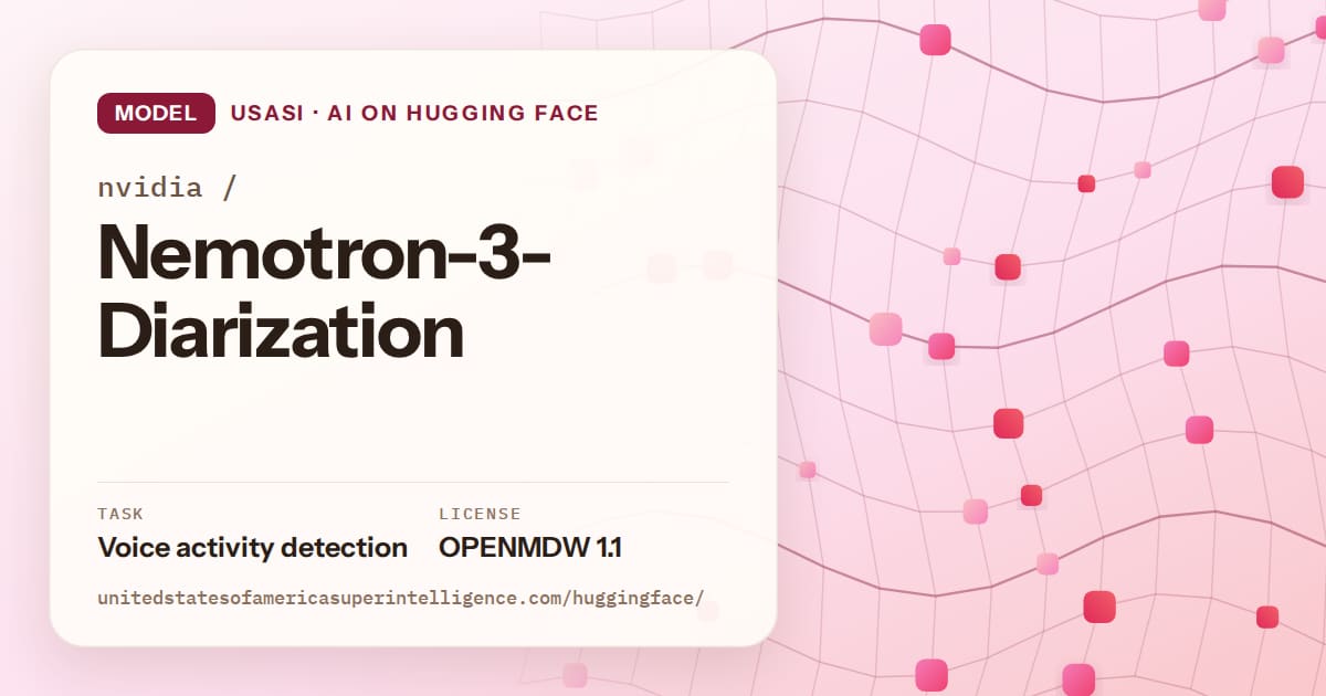 Generated rose wave-lattice artwork for the model nvidia/Nemotron-3-Diarization, labeled USASI · AI on Hugging Face, with Task: Voice activity detection · License: OPENMDW 1.1.
