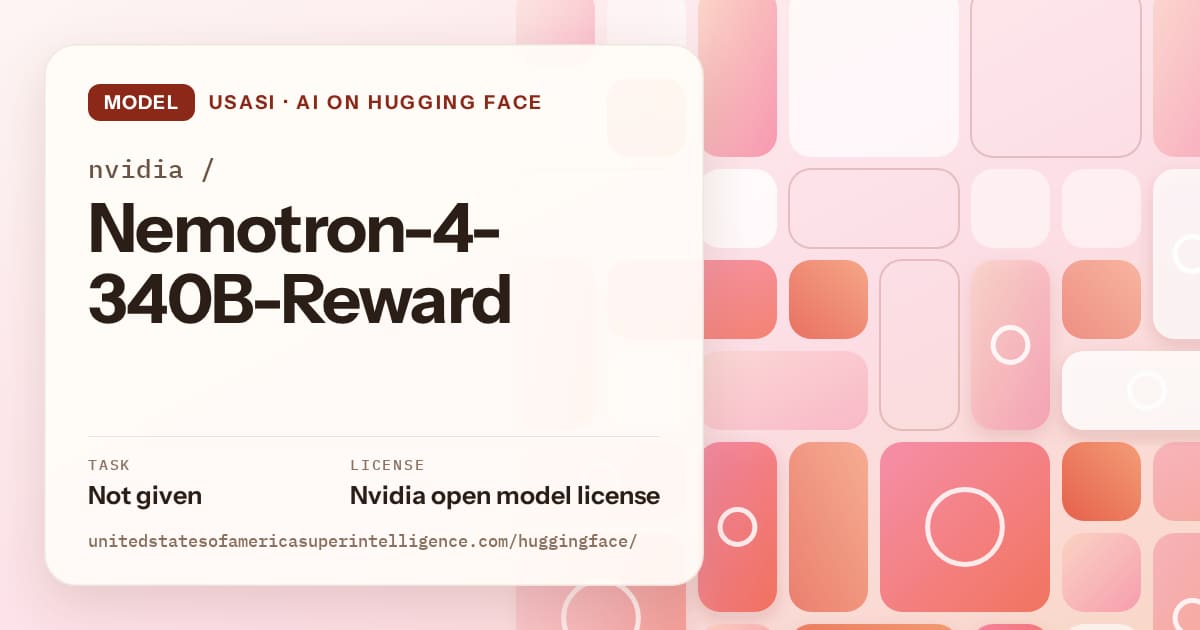 Generated coral tile-mosaic artwork for the model nvidia/Nemotron-4-340B-Reward, labeled USASI · AI on Hugging Face, with Task: Not given · License: Nvidia open model license.