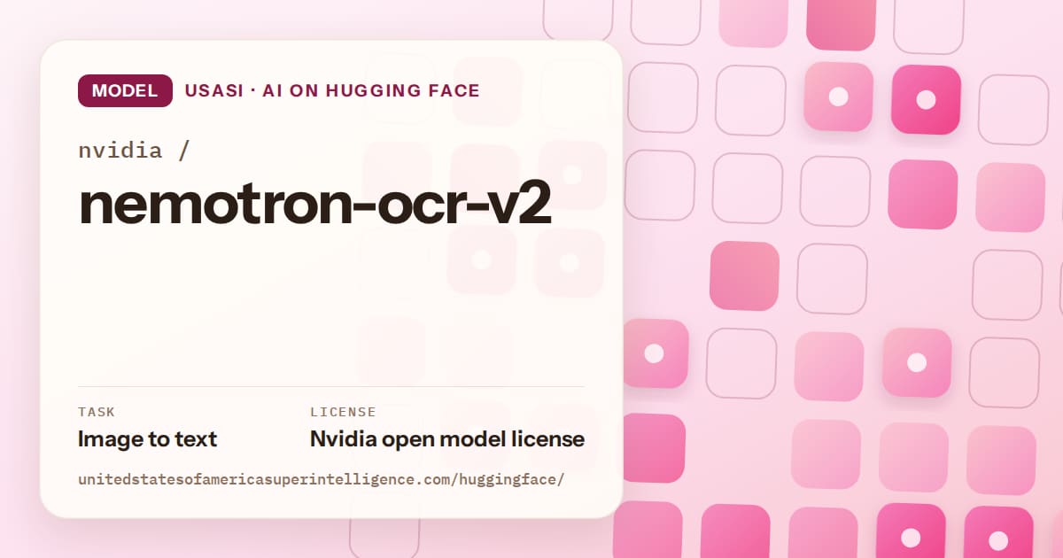 Generated rose rounded-tile grid artwork for the model nvidia/nemotron-ocr-v2, labeled USASI · AI on Hugging Face, with Task: Image to text · License: Nvidia open model license.