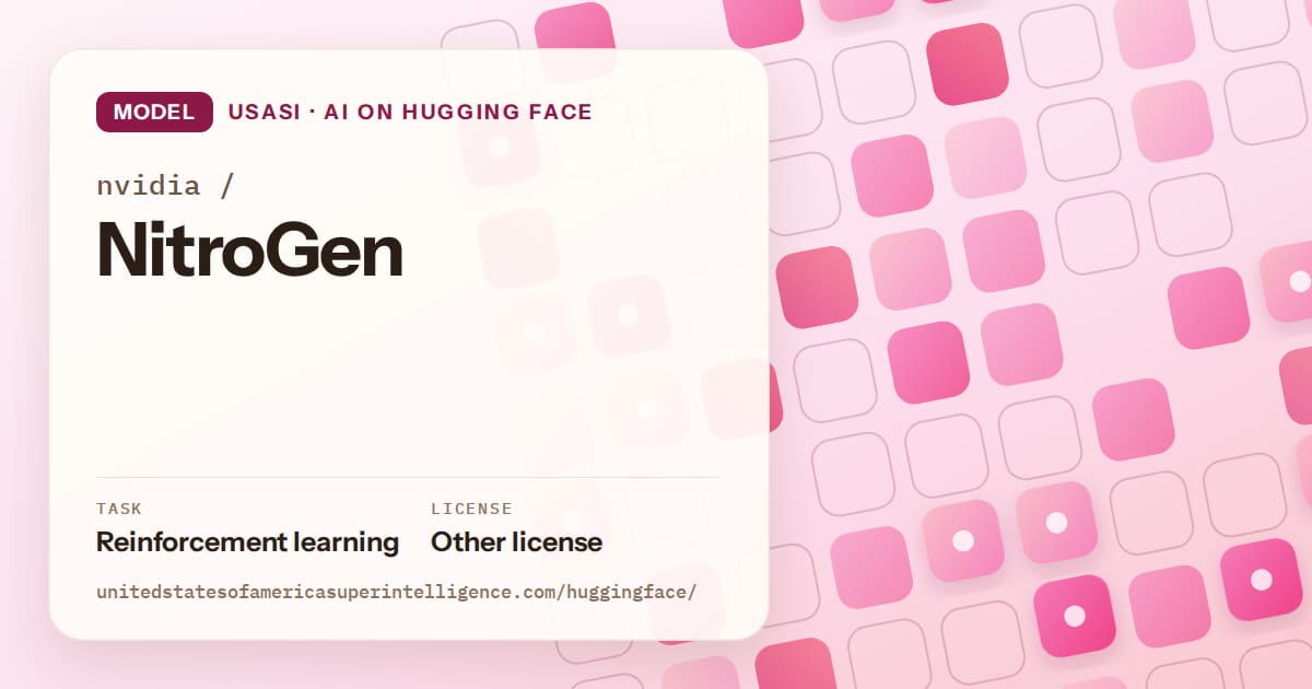 Generated rose rounded-tile grid artwork for the model nvidia/NitroGen, labeled USASI · AI on Hugging Face, with Task: Reinforcement learning · License: Other license.