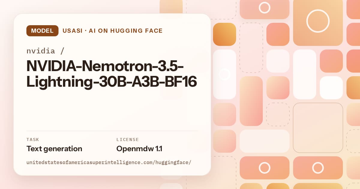 Generated orange tile-mosaic artwork for the model nvidia/NVIDIA-Nemotron-3.5-Lightning-30B-A3B-BF16, labeled USASI · AI on Hugging Face, with Task: Text generation · License: Openmdw 1.1.