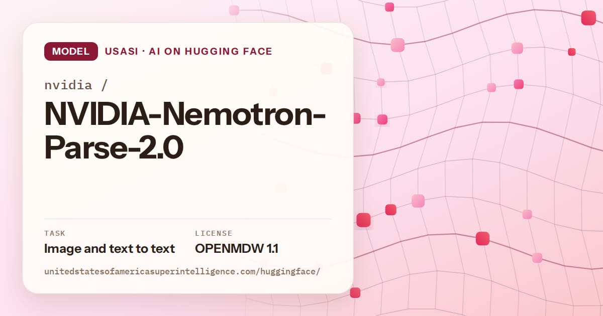 Generated rose wave-lattice artwork for the model nvidia/NVIDIA-Nemotron-Parse-2.0, labeled USASI · AI on Hugging Face, with Task: Image and text to text · License: OPENMDW 1.1.