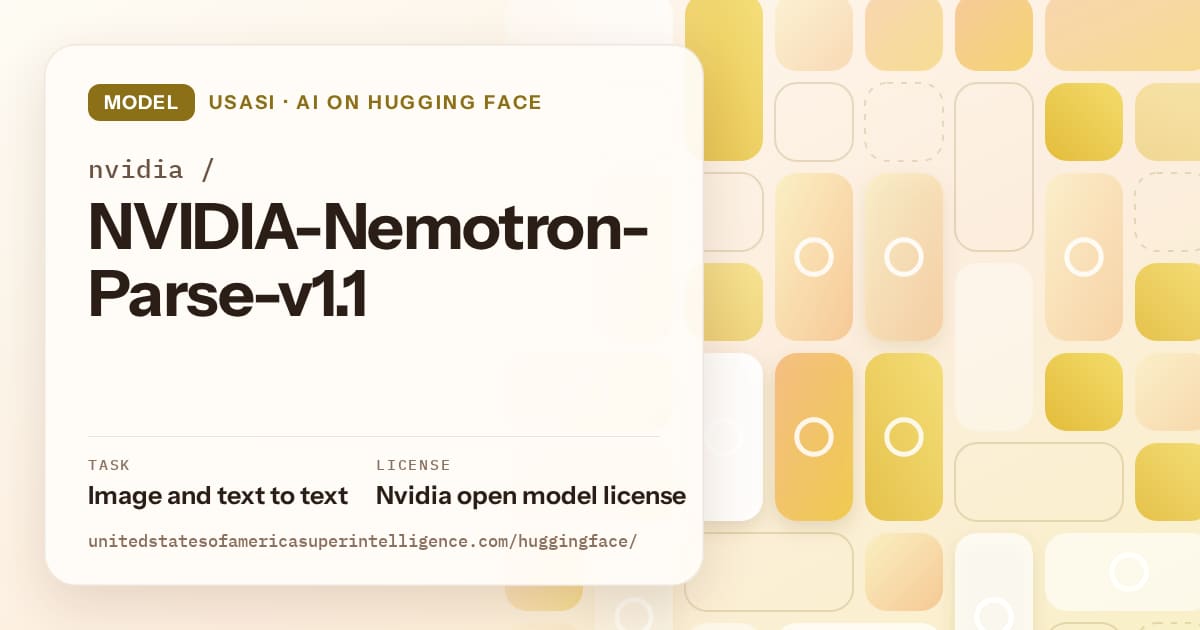 Generated gold tile-mosaic artwork for the model nvidia/NVIDIA-Nemotron-Parse-v1.1, labeled USASI · AI on Hugging Face, with Task: Image and text to text · License: Nvidia open model license.