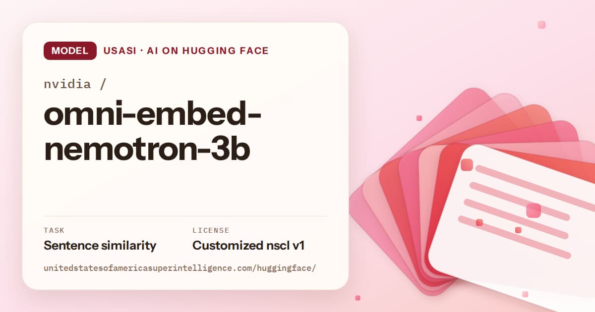 Generated coral layered-card artwork for the model nvidia/omni-embed-nemotron-3b, labeled USASI · AI on Hugging Face, with Task: Sentence similarity · License: Customized nscl v1.